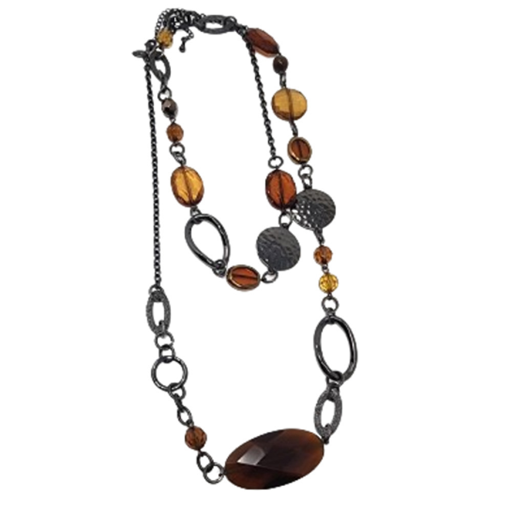 Lia Sophia "Bonfire" Women's Necklace - Long Black Chain, Brown and Amber Beads